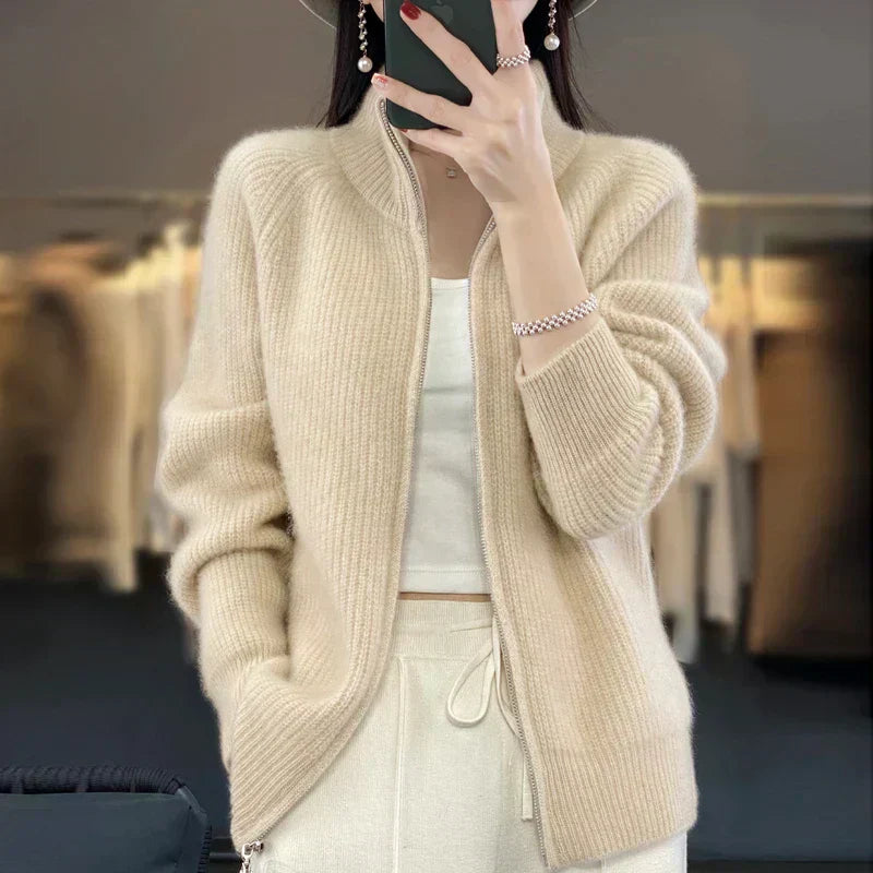Women's 100% Wool Zip-Up Cardigan With Stand Collar, Classic Fit
