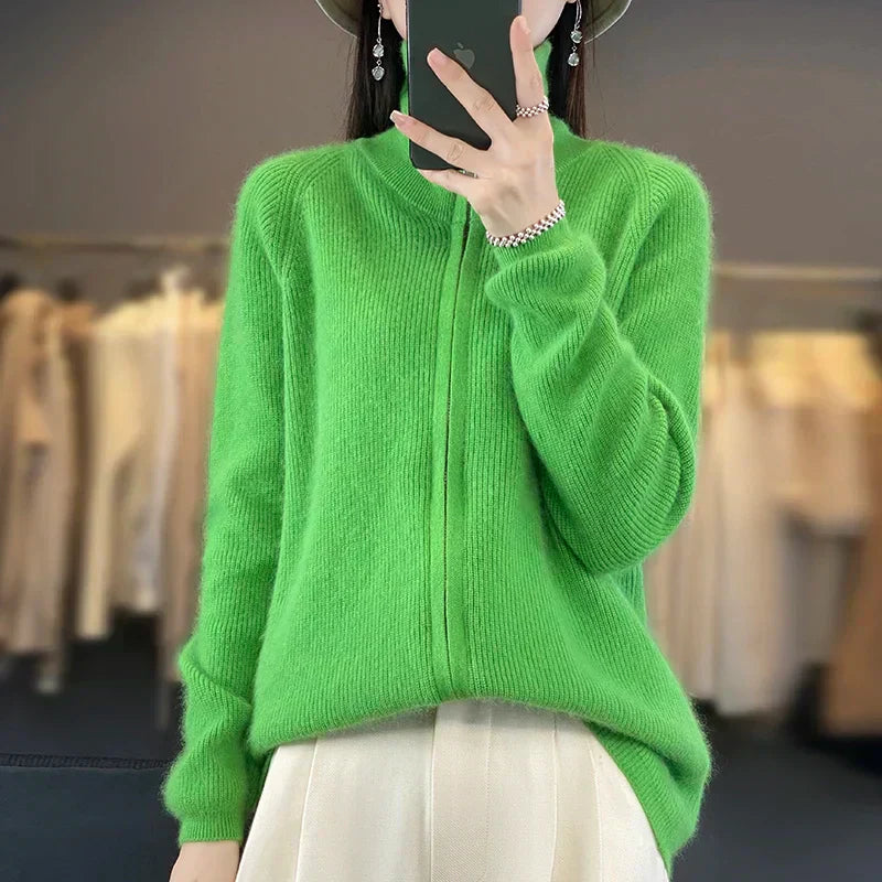 Lyra Cashmere Cardigan, Relaxed-Fit Korean Knit Style, Zip-Up Long Sleeve