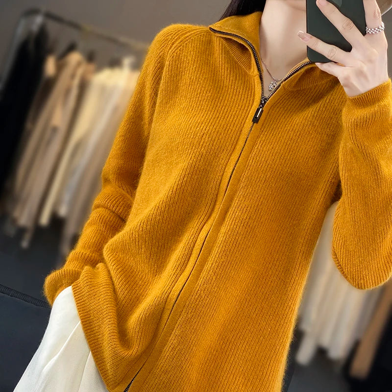 Lyra Cashmere Cardigan, Relaxed-Fit Korean Knit Style, Zip-Up Long Sleeve