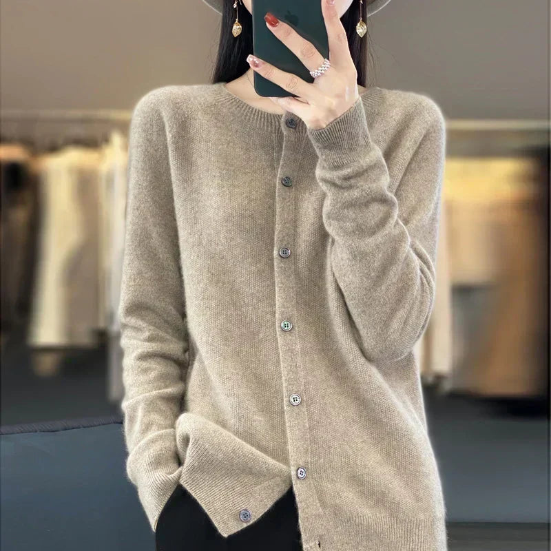 Cardigã feminino de lã merino com fecho frontal de botões, 15 cores