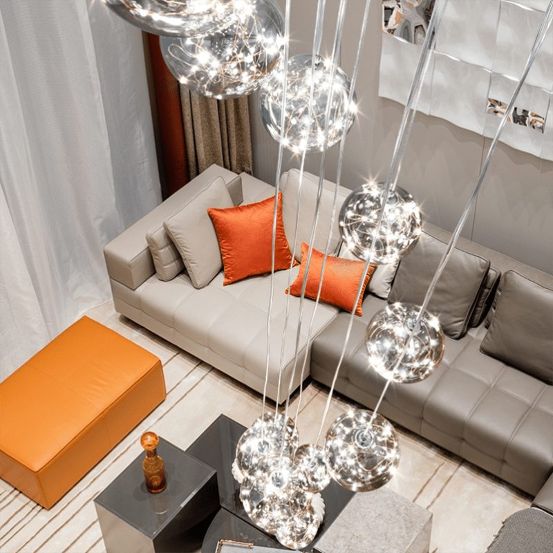 LuminaOrb Staircase Chandelier With Glass Orb Cluster, Warm LED Glow