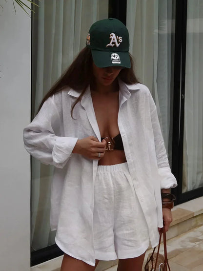 Ensemble short 100 % coton I Chemise confortable à manches longues et col à revers