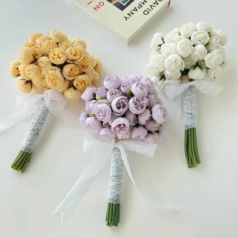 Lyra Silk Peony Bouquet, 27 Lifelike Blooms For Weddings & Home Decor