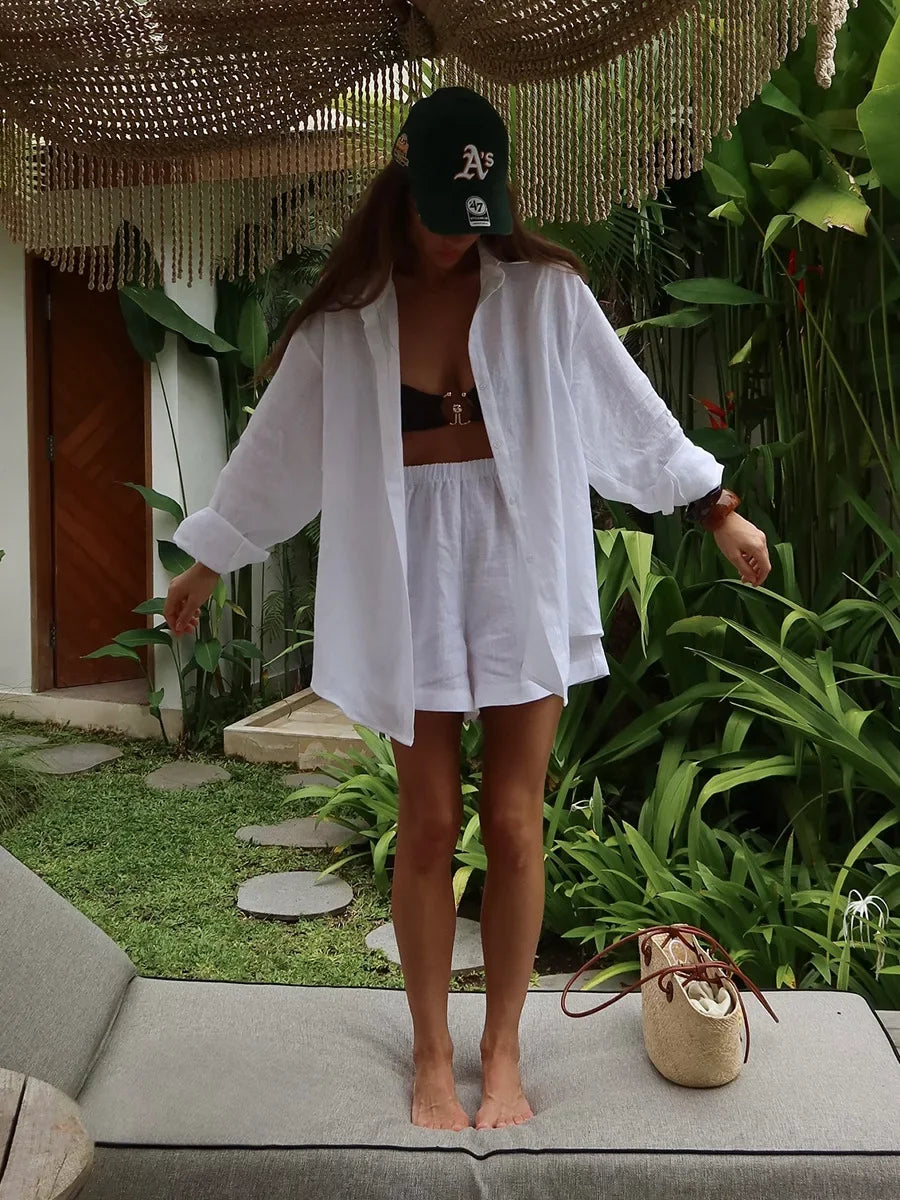 Ensemble short 100 % coton I Chemise confortable à manches longues et col à revers