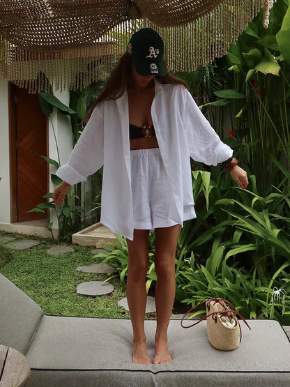 Ensemble short 100 % coton I Chemise confortable à manches longues et col à revers