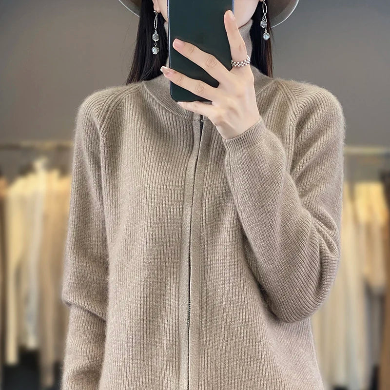 Lyra Cashmere Cardigan, Relaxed-Fit Korean Knit Style, Zip-Up Long Sleeve