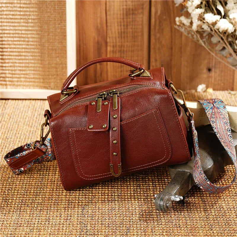 Genuine Leather Satchel Bag, Boston Style, Detachable Strap