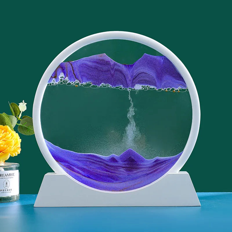 3D klepsydra z kinetycznym piaskiem i przepływającym kolorem w szklanej ramie
