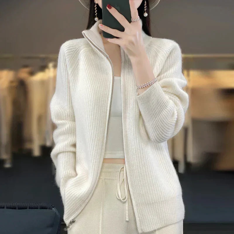 Women's 100% Wool Zip-Up Cardigan With Stand Collar, Classic Fit