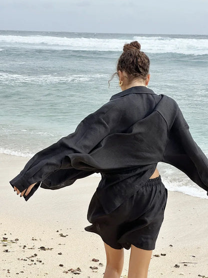 Ensemble short 100 % coton I Chemise confortable à manches longues et col à revers