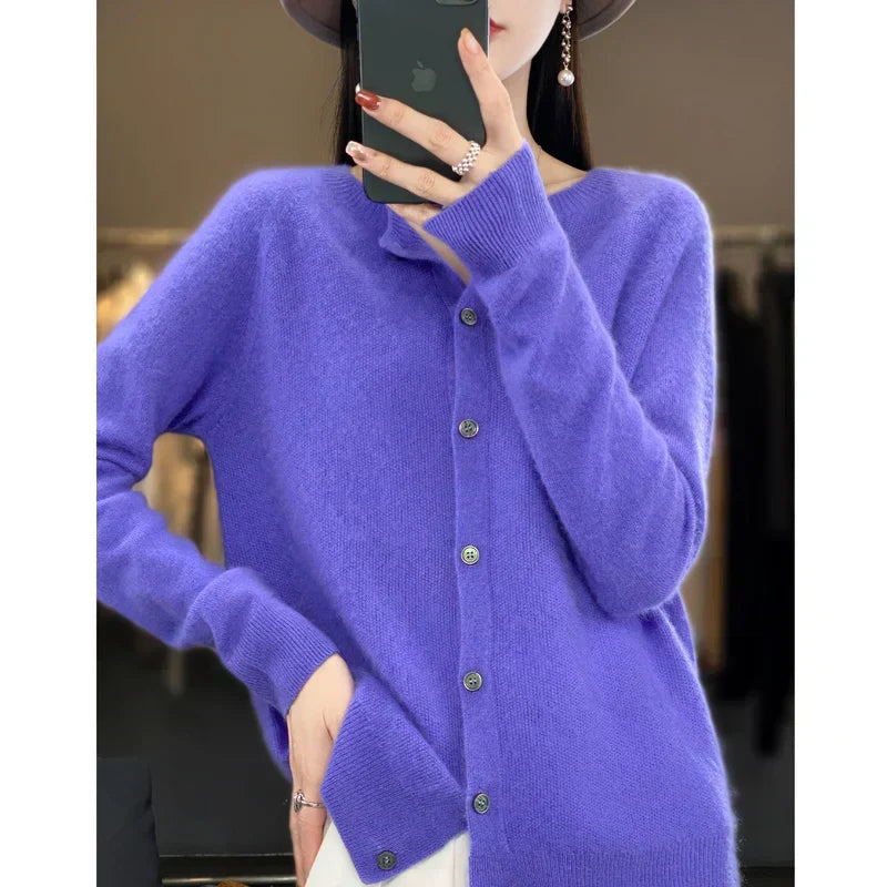 Cardigã feminino de lã merino com fecho frontal de botões, 15 cores