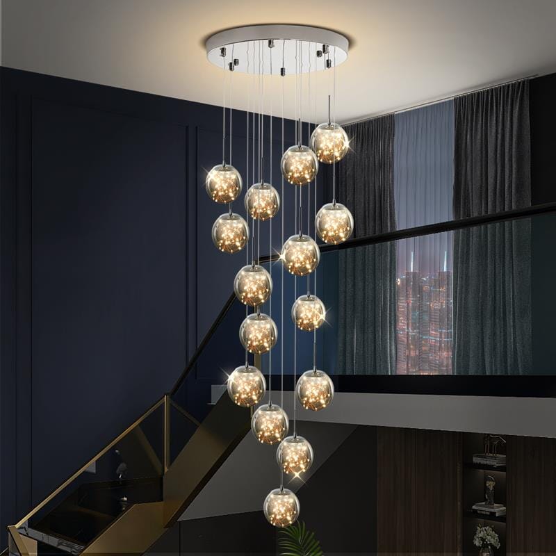 LuminaOrb Staircase Chandelier With Glass Orb Cluster, Warm LED Glow