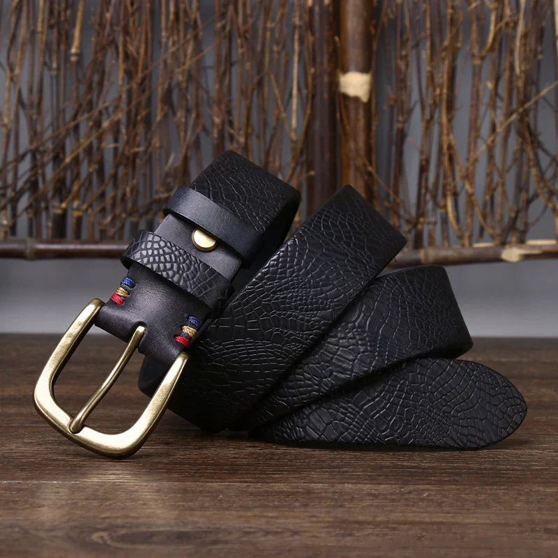 Embossed Cowhide Belt with Copper Pin Buckle, Kestrel