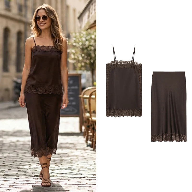 Ensemble Vintage Café Bohème I Haut en Dentelle & Jupe Mi-Longue Chic