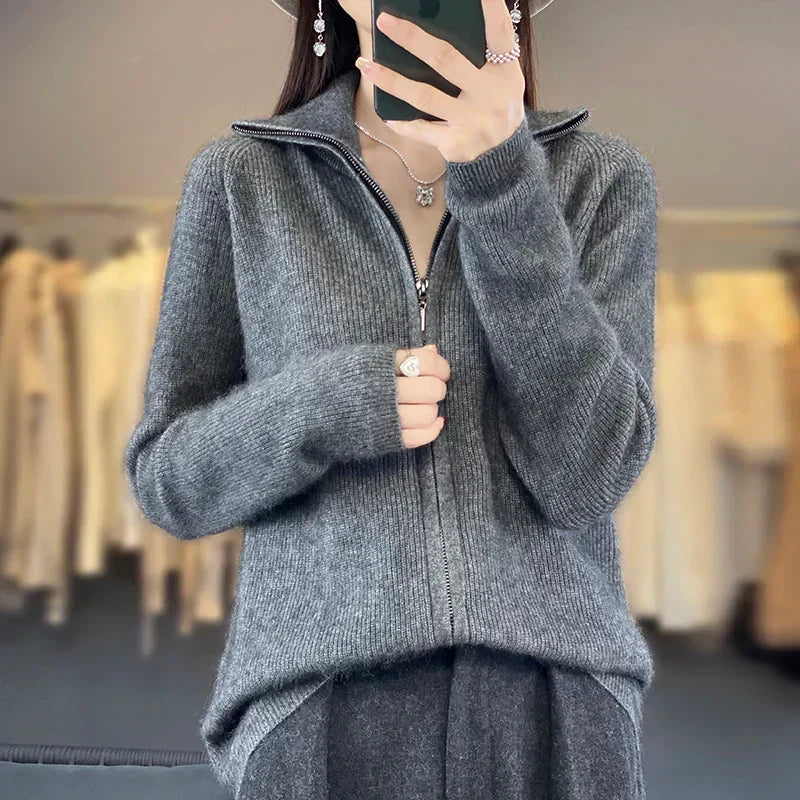 Lyra Cashmere Cardigan, Relaxed-Fit Korean Knit Style, Zip-Up Long Sleeve