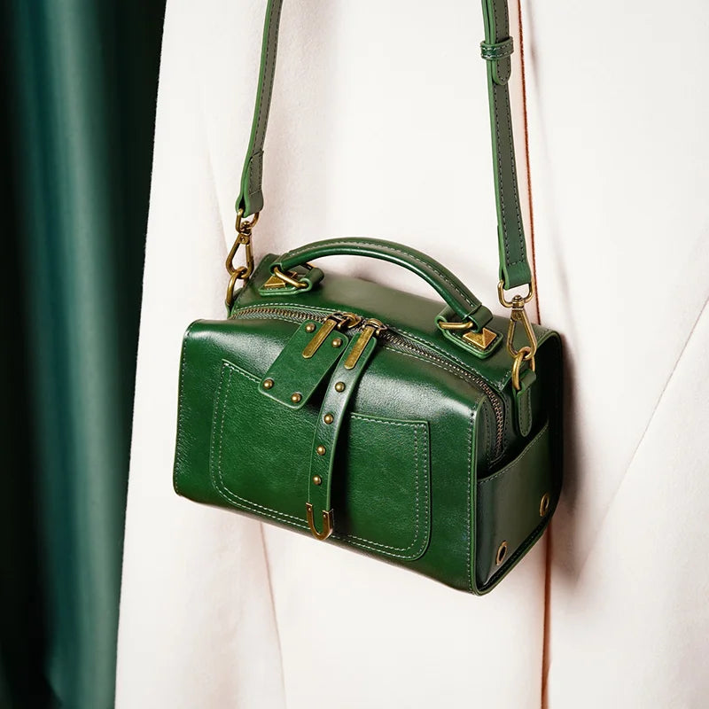 Genuine Leather Satchel Bag, Boston Style, Detachable Strap