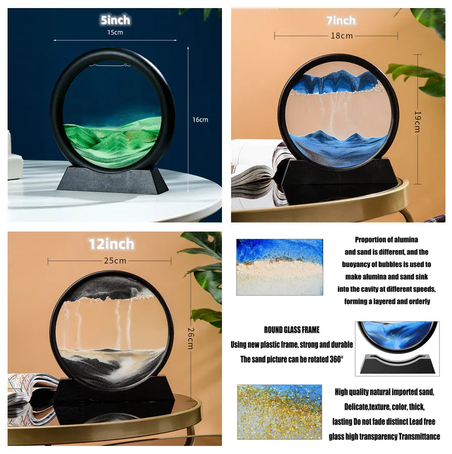 3D klepsydra z kinetycznym piaskiem i przepływającym kolorem w szklanej ramie