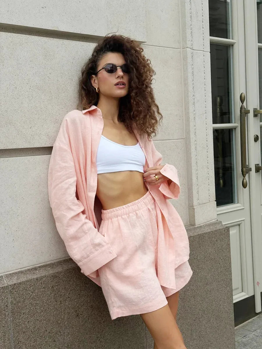 Ensemble short 100 % coton I Chemise confortable à manches longues et col à revers