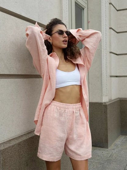 Ensemble short 100 % coton I Chemise confortable à manches longues et col à revers