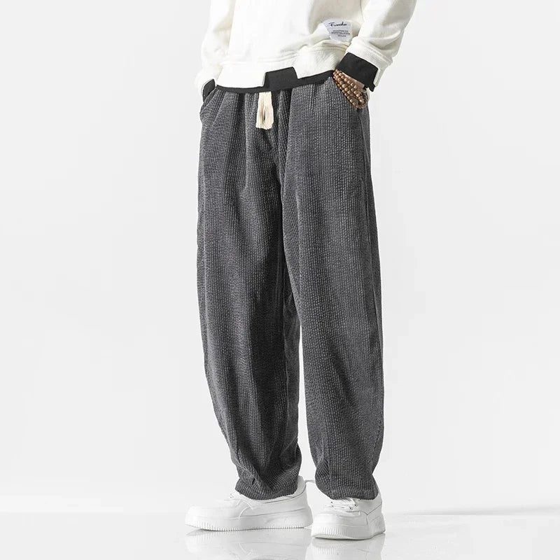 Pantaloni din catifea cu manșete elastice și talie cu șnur, croială lejeră