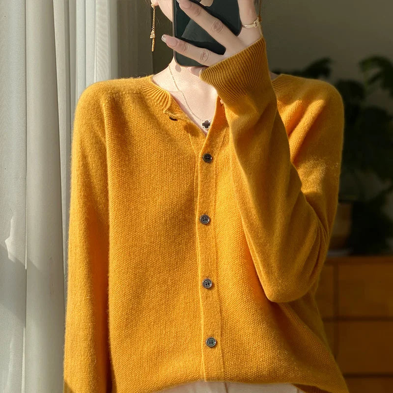 Cardigã feminino de lã merino com fecho frontal de botões, 15 cores