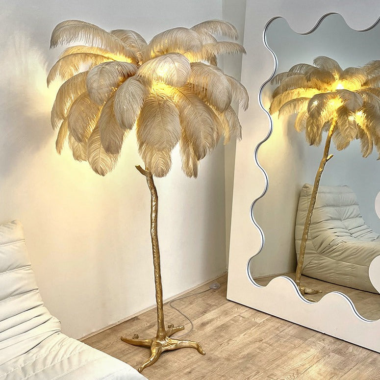 Lámpara de pie de plumas de avestruz, LED de altura ajustable con base de latón