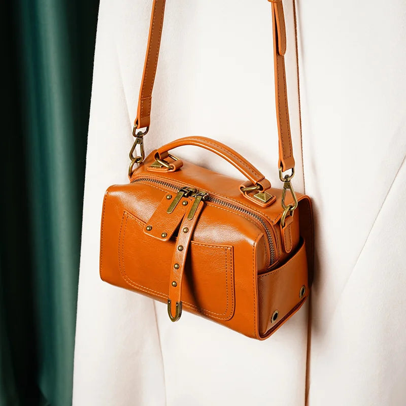 Genuine Leather Satchel Bag, Boston Style, Detachable Strap