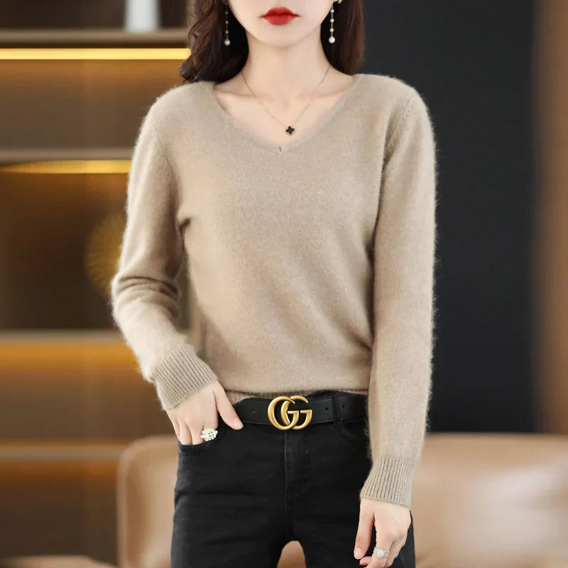 100% Cashmere V-Neck Sweater, Nyra Slim-Fit Pullover For Women
