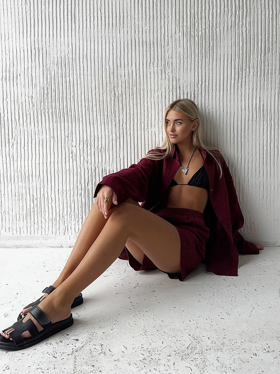 Ensemble short 100 % coton I Chemise confortable à manches longues et col à revers