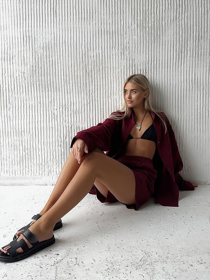 Ensemble short 100 % coton I Chemise confortable à manches longues et col à revers