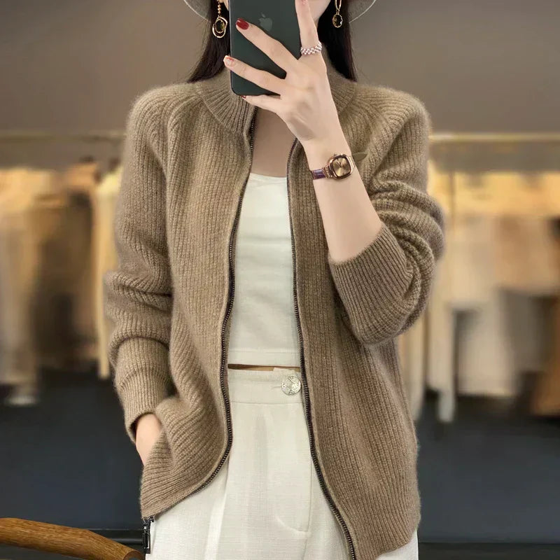 Women's 100% Wool Zip-Up Cardigan With Stand Collar, Classic Fit