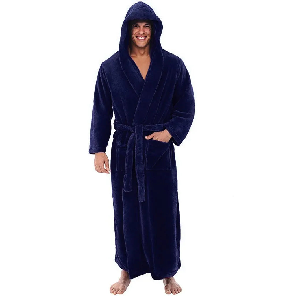 CozyNest-badekåbe til mænd i blødt plysstof med hætte, varm fleece og lange ærmer