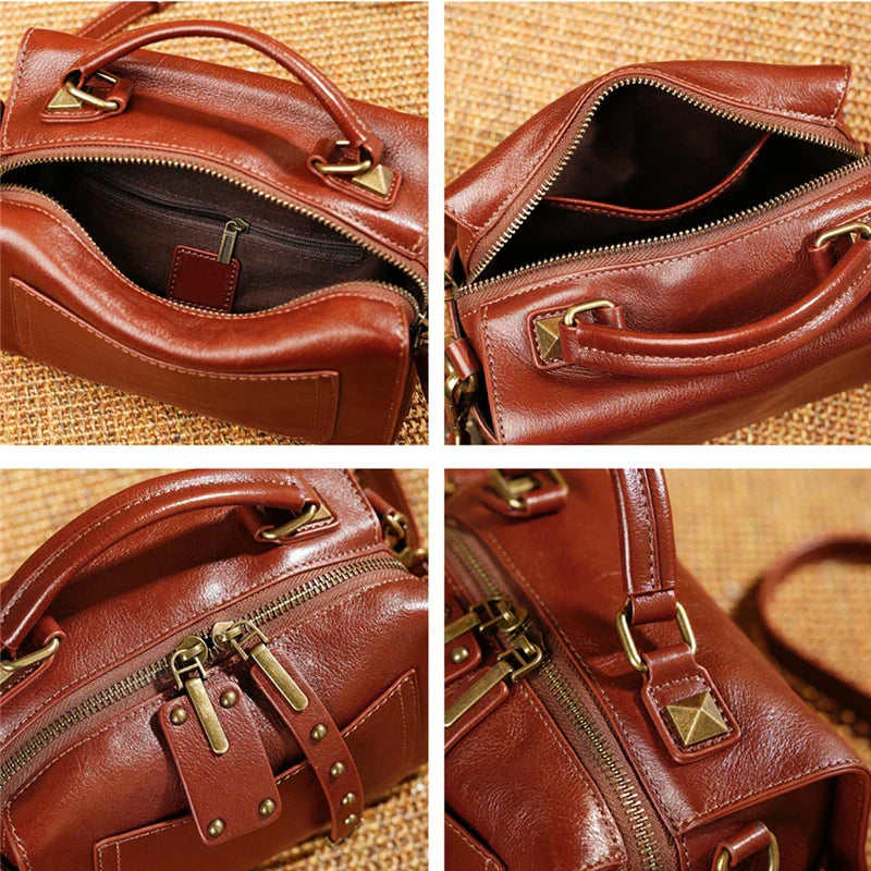 Genuine Leather Satchel Bag, Boston Style, Detachable Strap