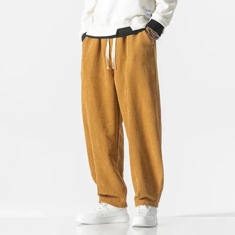 Pantaloni din catifea cu manșete elastice și talie cu șnur, croială lejeră
