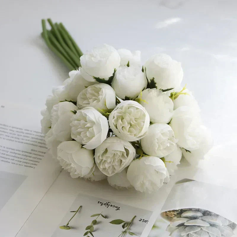 Lyra Silk Peony Bouquet, 27 Lifelike Blooms For Weddings & Home Decor