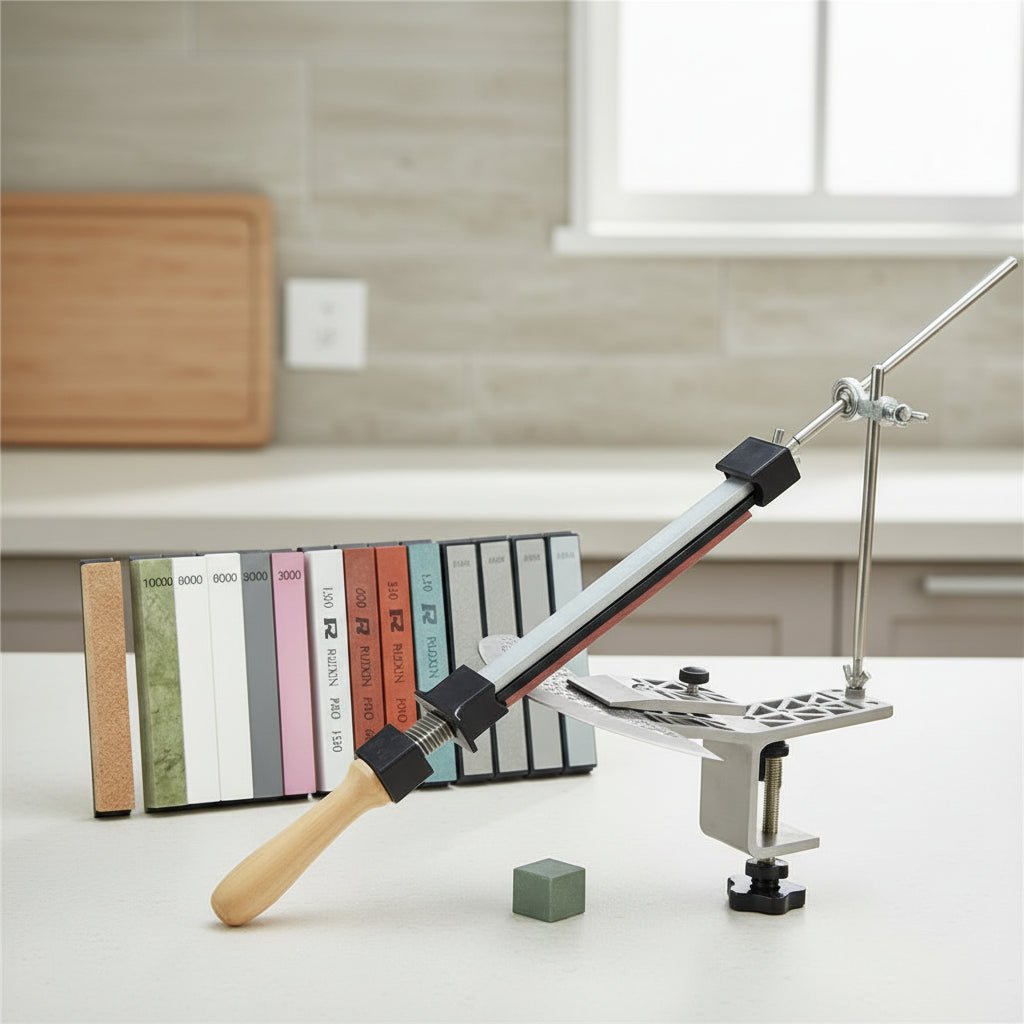 Precise manual knife sharpener with adjustable rotatable clamp for all blades - Fioriscas