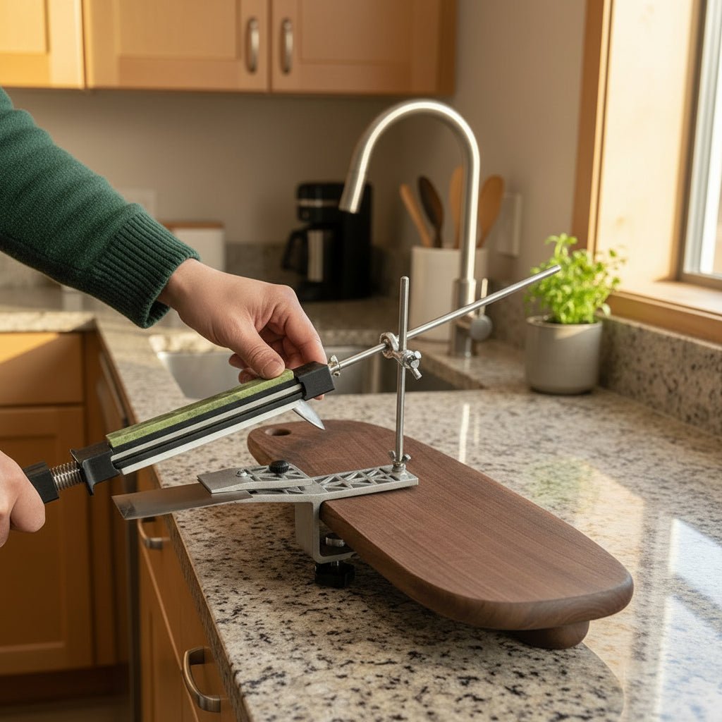 Precise manual knife sharpener with adjustable rotatable clamp for all blades - Fioriscas