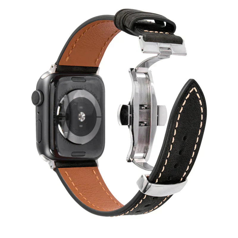 Curea din piele Luxevo pentru Apple Watch, închizătoare tip fluture, piele naturală