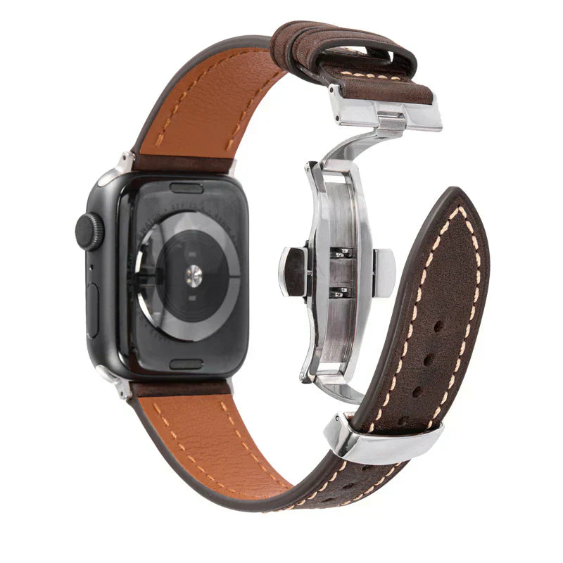 Curea din piele Luxevo pentru Apple Watch, închizătoare tip fluture, piele naturală