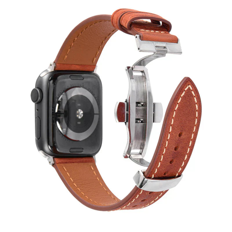 Curea din piele Luxevo pentru Apple Watch, închizătoare tip fluture, piele naturală