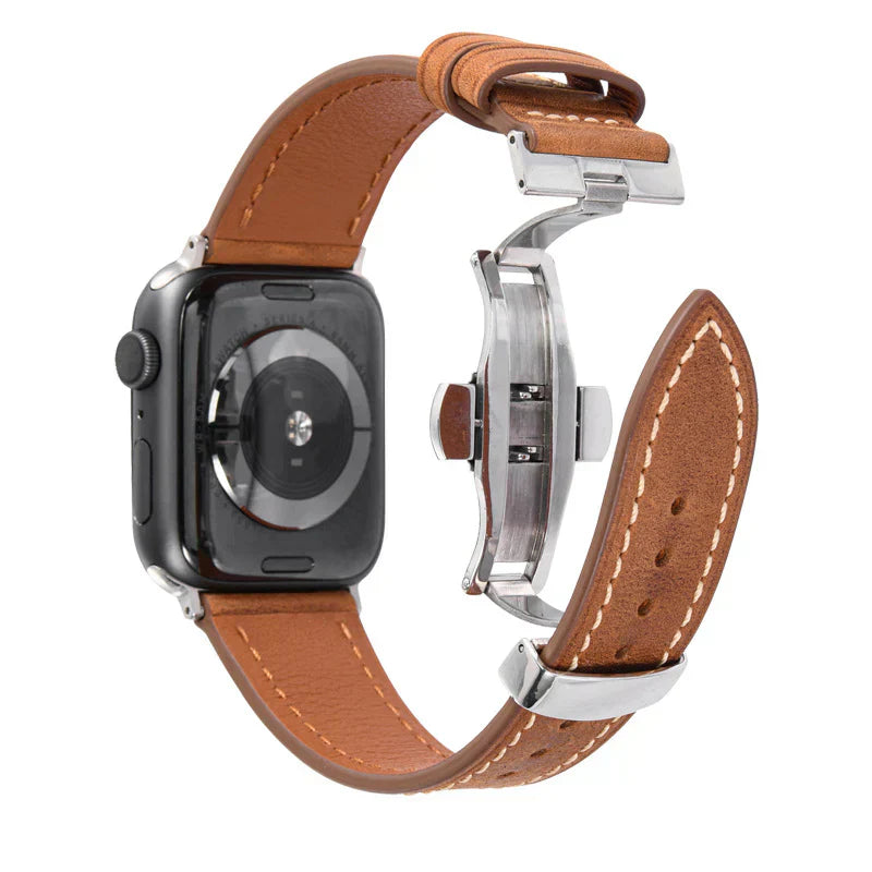 Curea din piele Luxevo pentru Apple Watch, închizătoare tip fluture, piele naturală