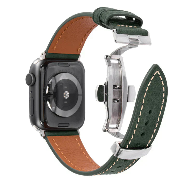 Curea din piele Luxevo pentru Apple Watch, închizătoare tip fluture, piele naturală