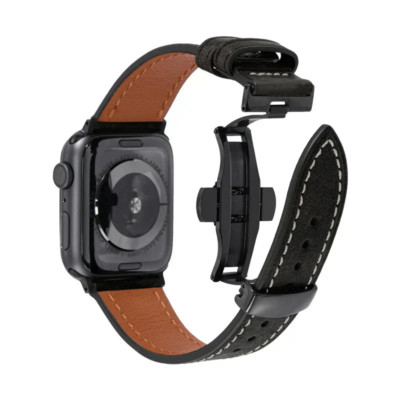 Curea din piele Luxevo pentru Apple Watch, închizătoare tip fluture, piele naturală
