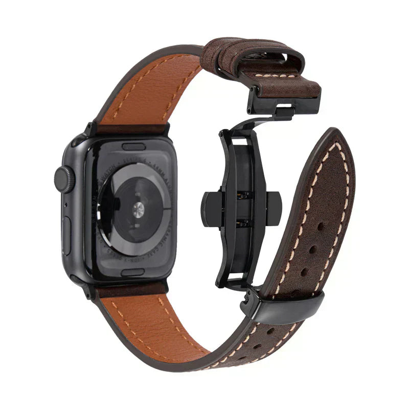Curea din piele Luxevo pentru Apple Watch, închizătoare tip fluture, piele naturală