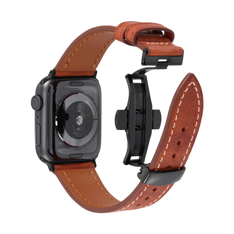 Curea din piele Luxevo pentru Apple Watch, închizătoare tip fluture, piele naturală