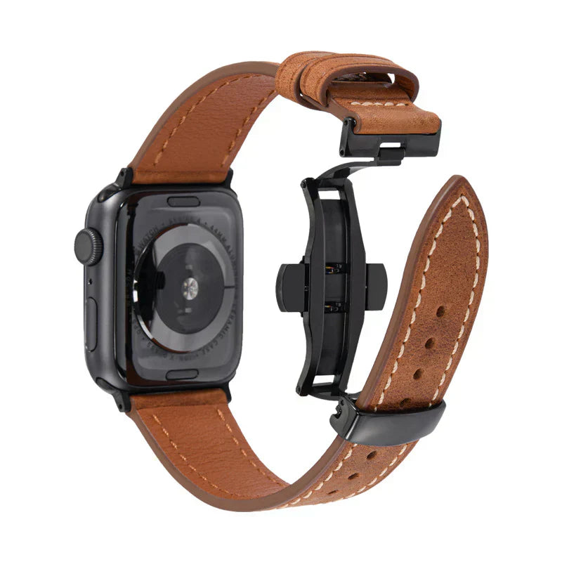 Curea din piele Luxevo pentru Apple Watch, închizătoare tip fluture, piele naturală