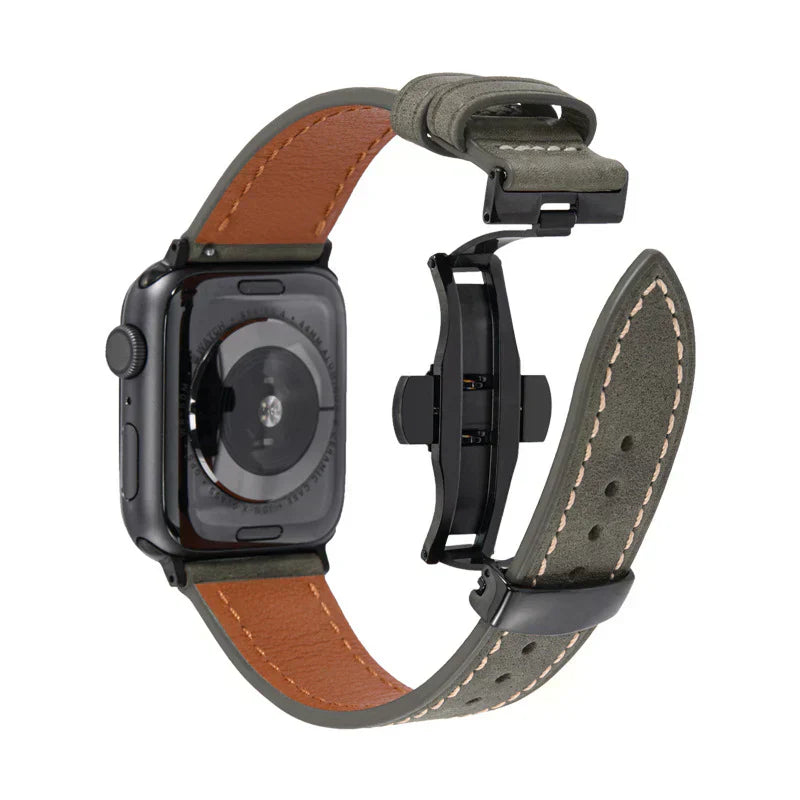 Curea din piele Luxevo pentru Apple Watch, închizătoare tip fluture, piele naturală