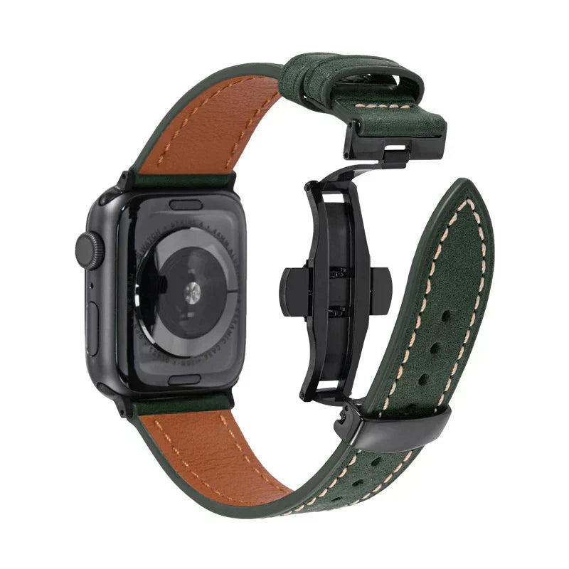 Curea din piele Luxevo pentru Apple Watch, închizătoare tip fluture, piele naturală