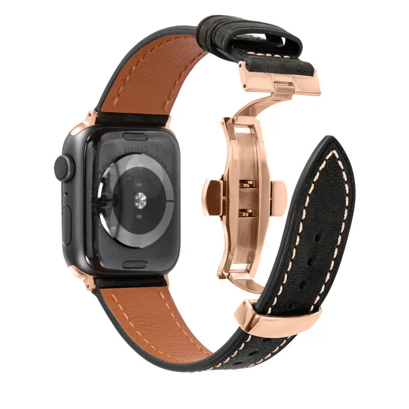 Curea din piele Luxevo pentru Apple Watch, închizătoare tip fluture, piele naturală
