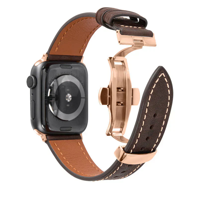 Curea din piele Luxevo pentru Apple Watch, închizătoare tip fluture, piele naturală